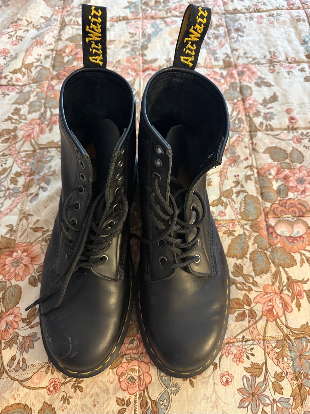 Dr. Martens Black Leather 8-Eye Lace-Up Boots with Yellow Heel Loop
